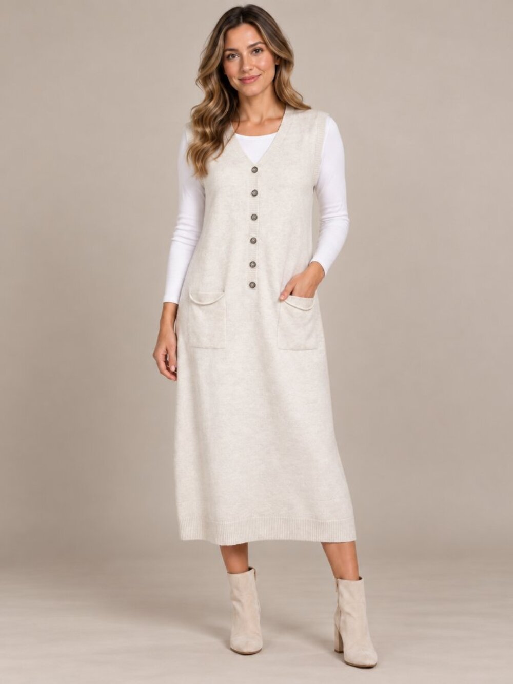 Cream Knit V Neck Midi Dress Button Front Pockets XL XXL